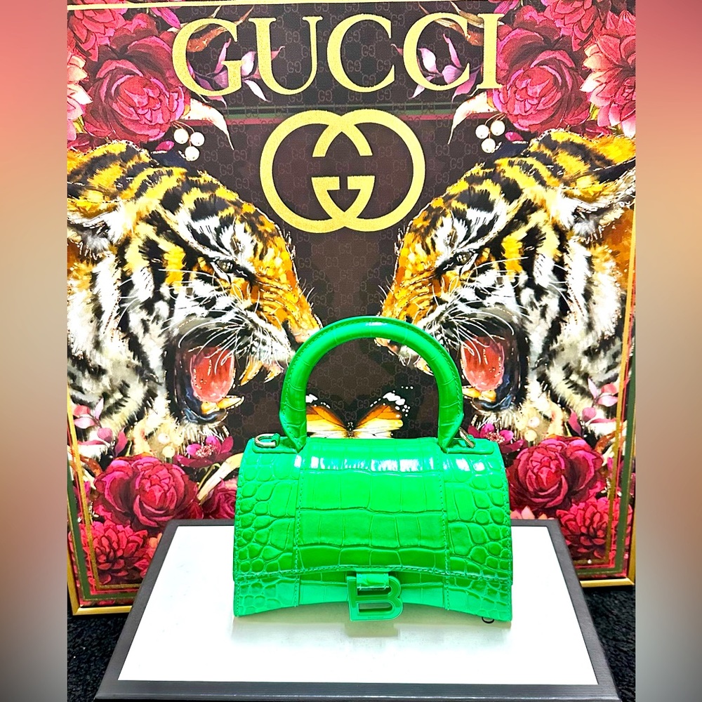 Vivid Green Hourglass XS handbag bright green shiny crocodile embossed calfskin.